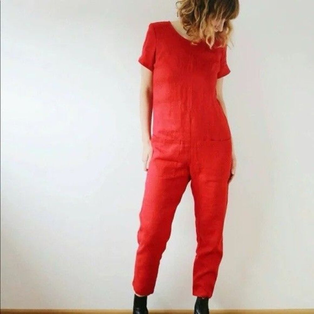 OFFON Clothing European 100% Linen Red Jumpsuit Handmade Pocket Short Sleeves XS
